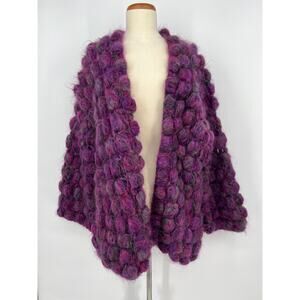 Handmade Mohair 3D Knit Bubble Open Cardigan Sweater Purple Chunky Long Pocket